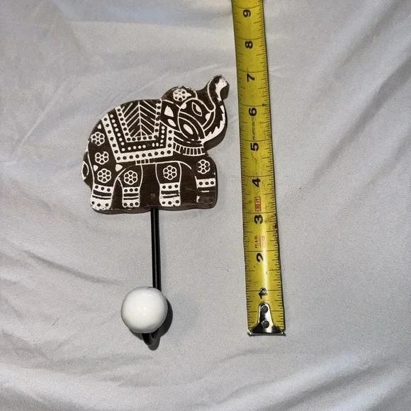 Hand Carved Wooden Elephant Wall Hook Coat Hanger Dark Brown White Decorative - Picture 5 of 6